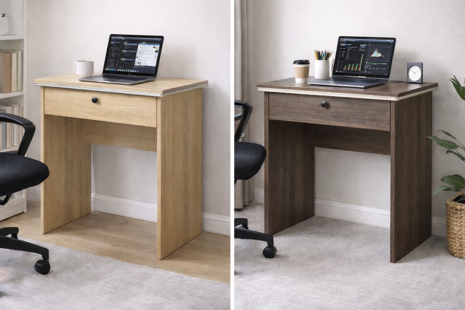 Bureau Compact 60 cm avec Tiroir – Bois Foncé et Bois Clair