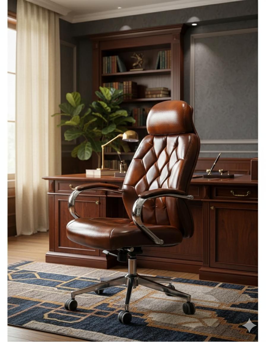 Fauteuil de Direction  – Simili Cuir Marron Vintage – Accoudoirs Chromés & Base Renforcée