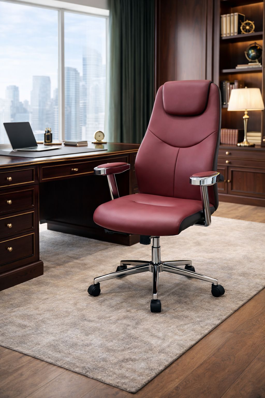 Fauteuil de Direction indora boss – Simili Cuir Rouge Bordeaux – Accoudoirs Chromés & Coussin Appui-Tête