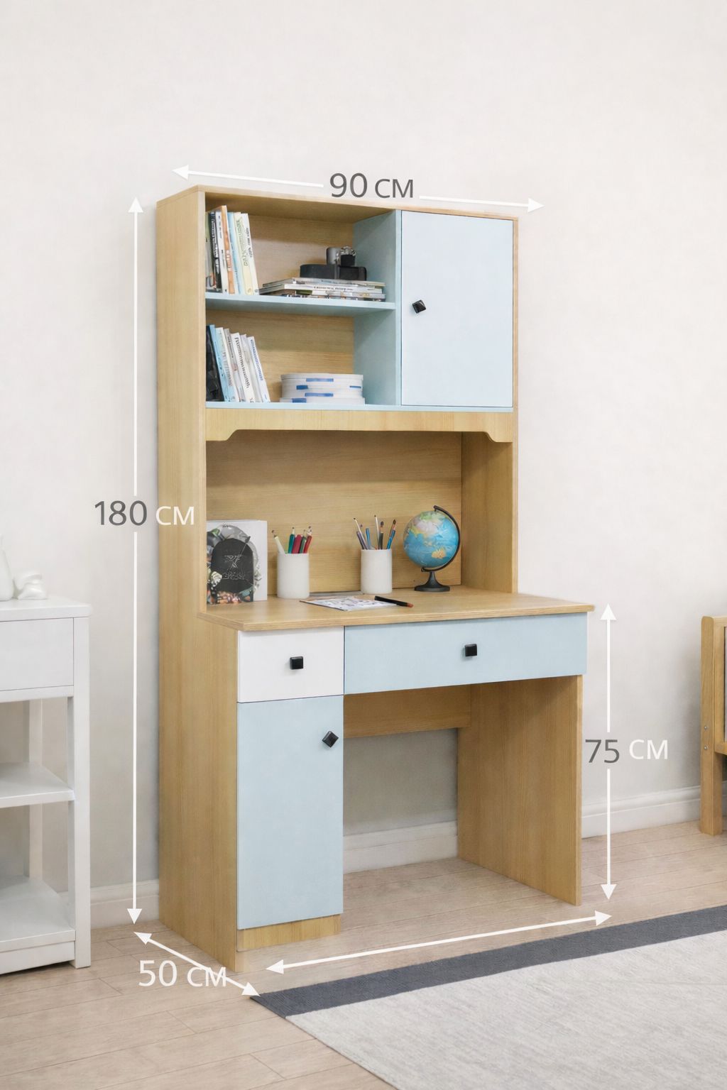 Bureau d’écriture  avec Rangements & Tiroirs – Design Bois & Bleu – L90 × D60 × H180 cm