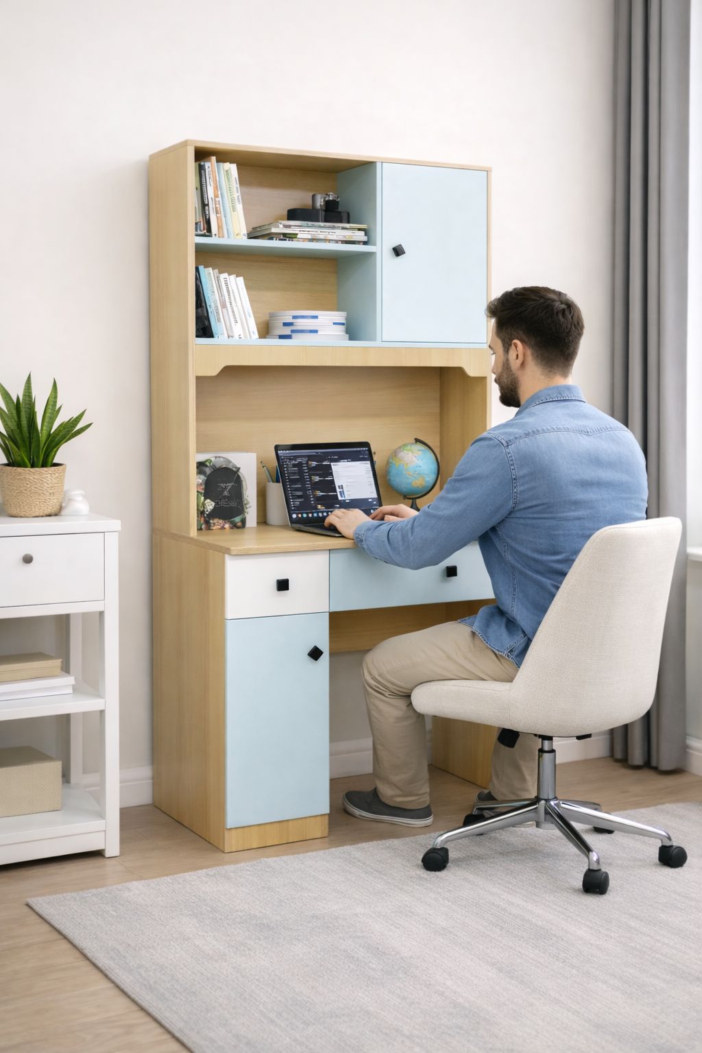 Bureau d’écriture  avec Rangements & Tiroirs – Design Bois & Bleu – L90 × D60 × H180 cm