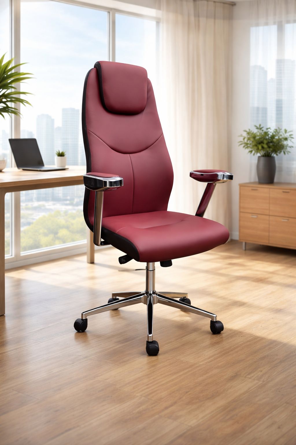 Fauteuil de Direction indora boss – Simili Cuir Rouge Bordeaux – Accoudoirs Chromés & Coussin Appui-Tête