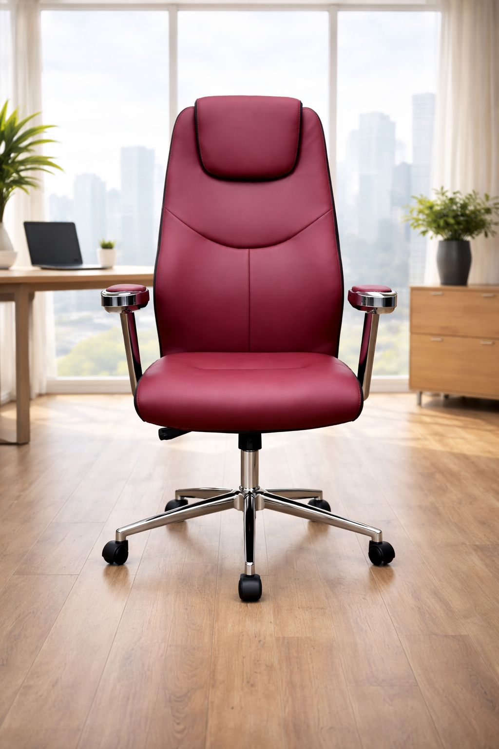 Fauteuil de Direction indora boss – Simili Cuir Rouge Bordeaux – Accoudoirs Chromés & Coussin Appui-Tête