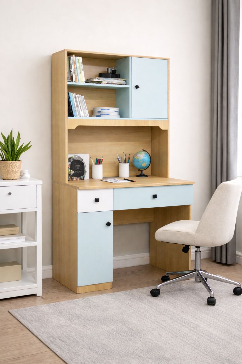 Bureau d’écriture  avec Rangements & Tiroirs – Design Bois & Bleu – L90 × D60 × H180 cm