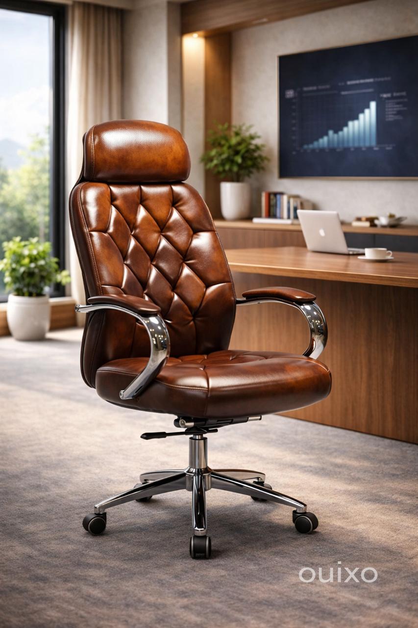Fauteuil de Direction  – Simili Cuir Marron Vintage – Accoudoirs Chromés & Base Renforcée