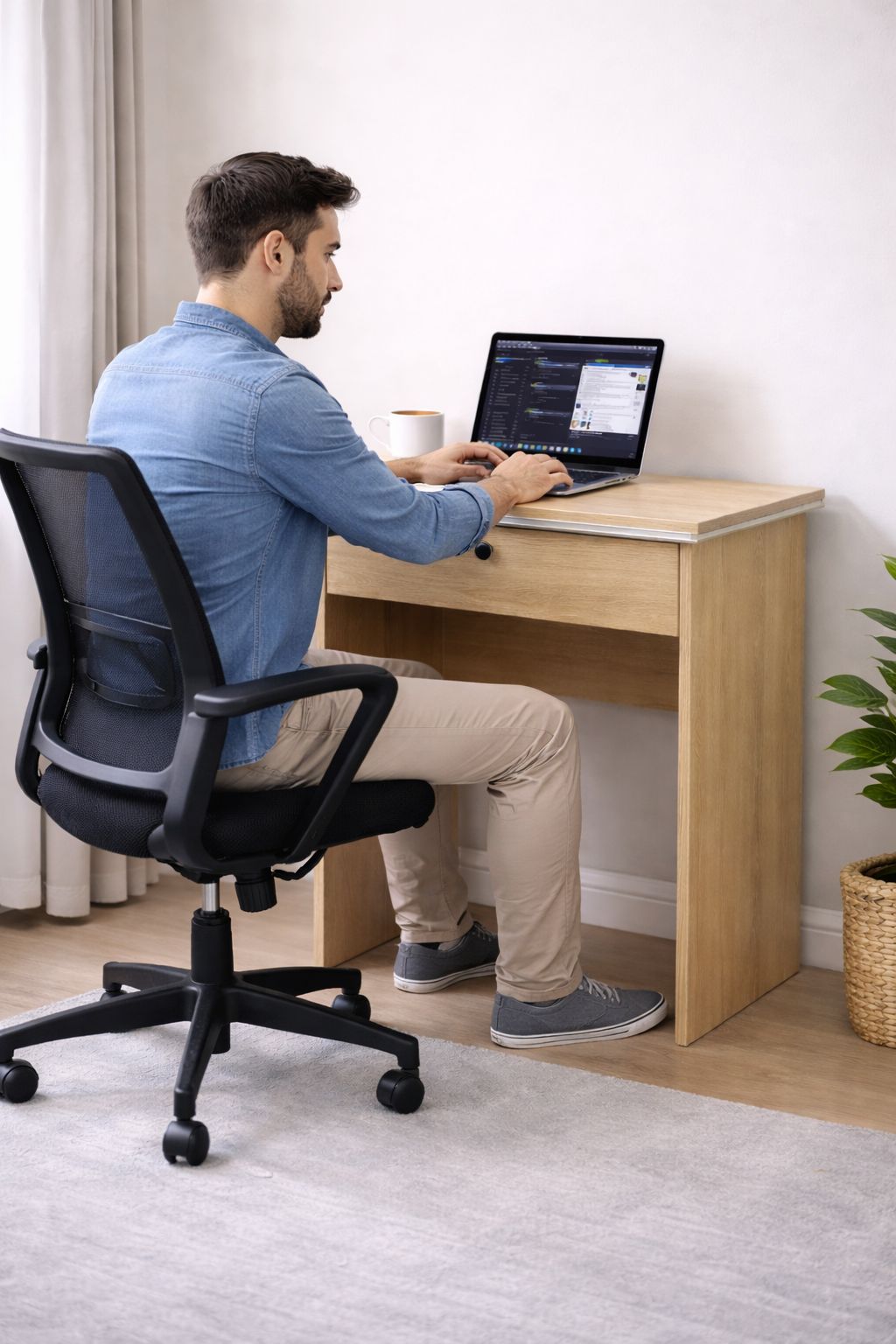 Bureau Compact 60 cm avec Tiroir – Bois Foncé et Bois Clair