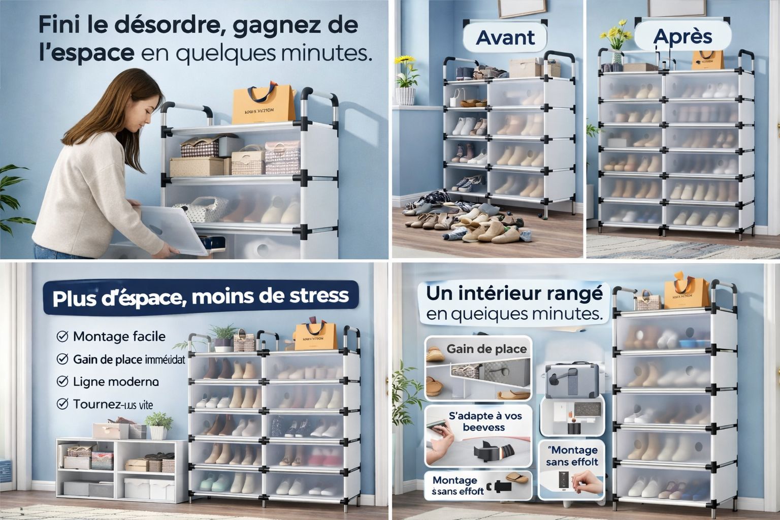 رف أحذية من صفين وسبعة أرفف - سعة كبيرة ومقاوم للغبار