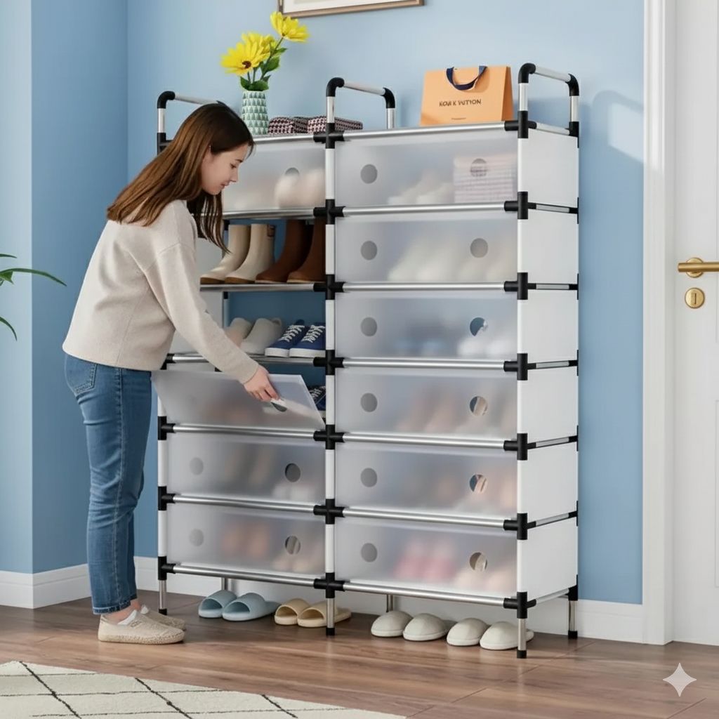 رف أحذية من صفين وسبعة أرفف - سعة كبيرة ومقاوم للغبار