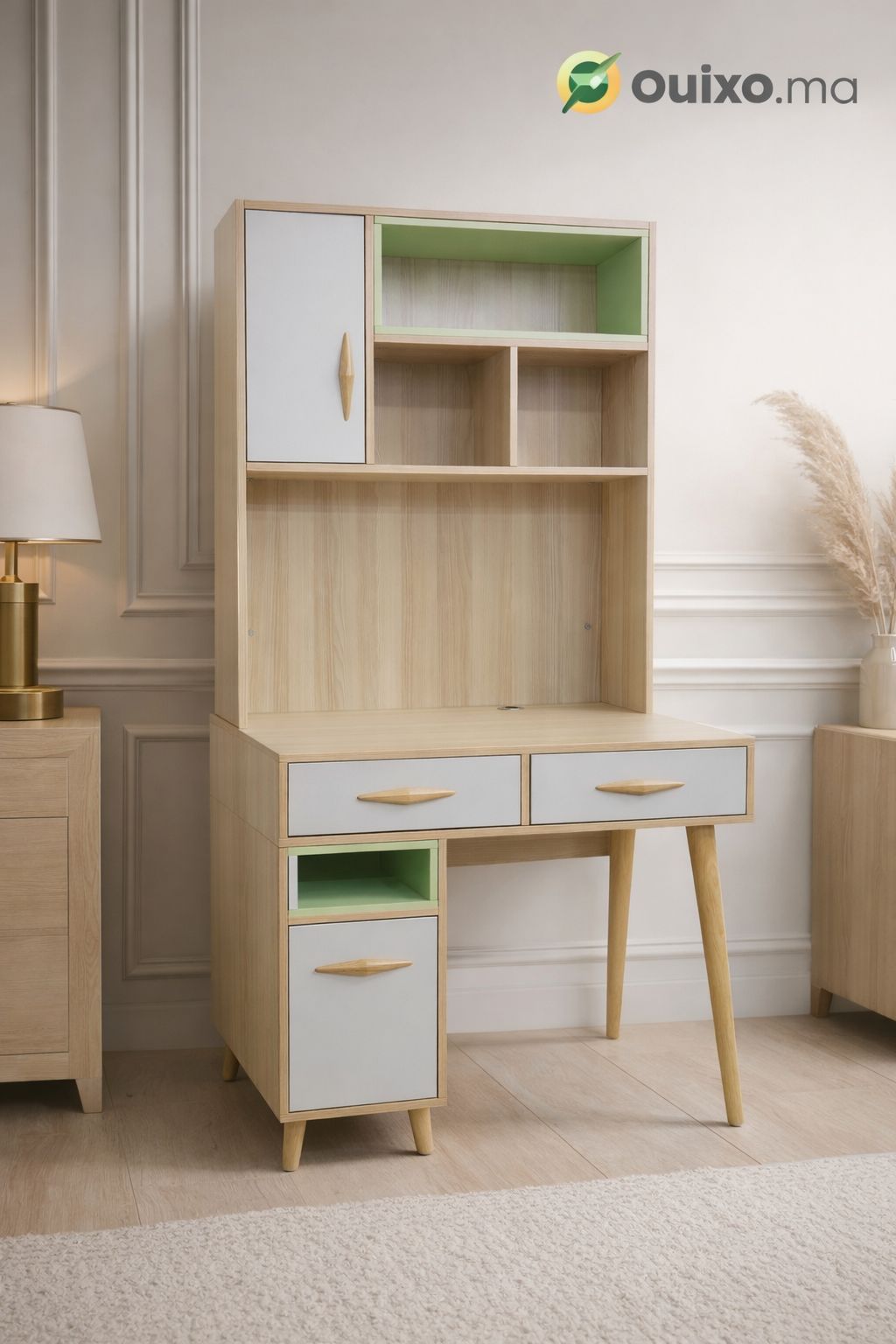 Bureau d’Écriture avec Rangements et Tiroirs – Design Scandinave – L90 x P55 x H175 cm
