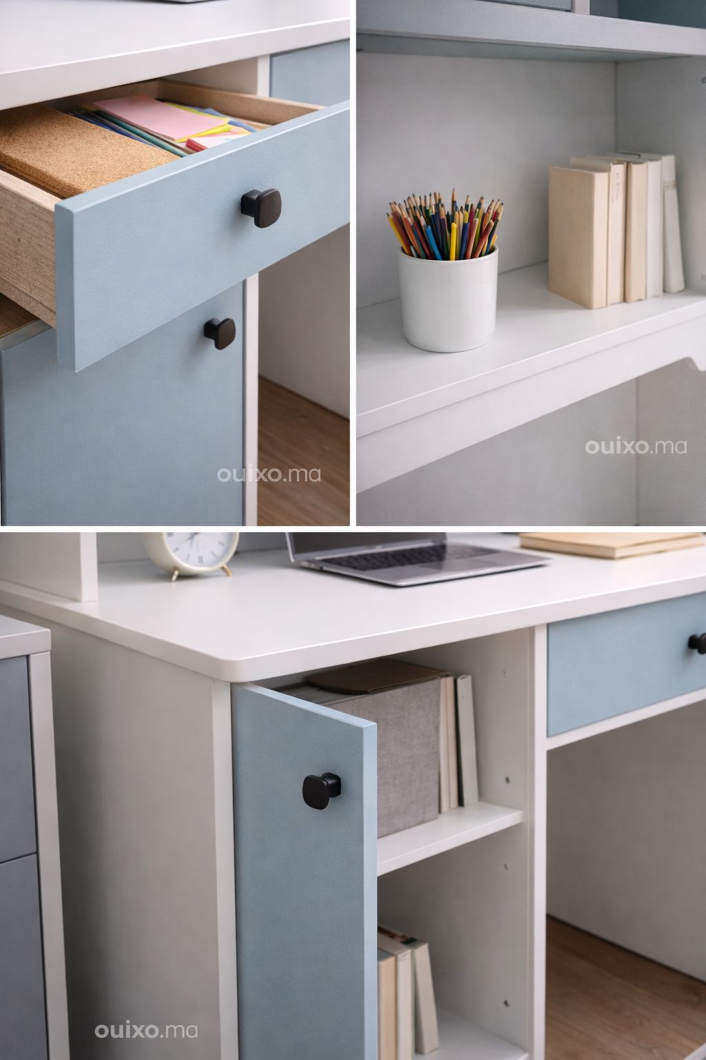 Bureau d’écriture moderne avec rangements intégrés, tiroirs et étagères. Design élégant et dimensions 100×60×180