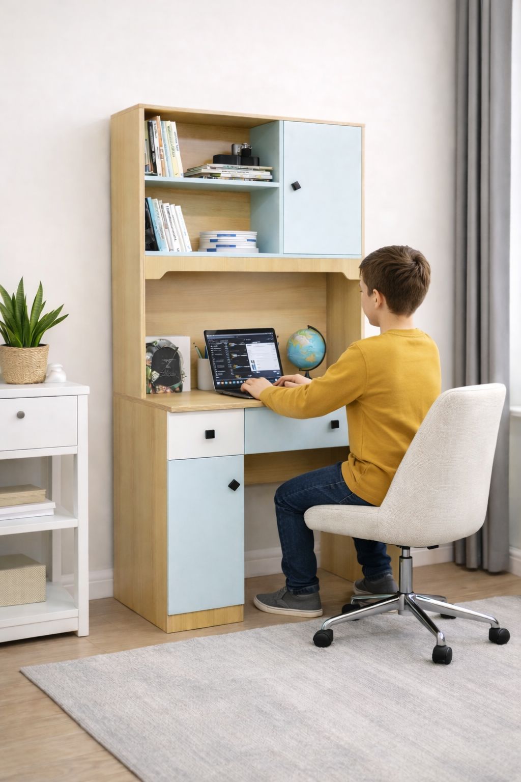 Bureau d’écriture  avec Rangements & Tiroirs – Design Bois & Bleu – L90 × D60 × H180 cm