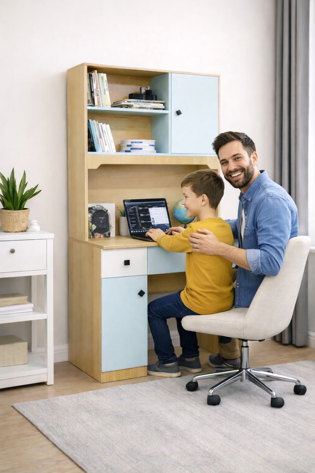 Bureau d’écriture  avec Rangements & Tiroirs – Design Bois & Bleu – L90 × D60 × H180 cm