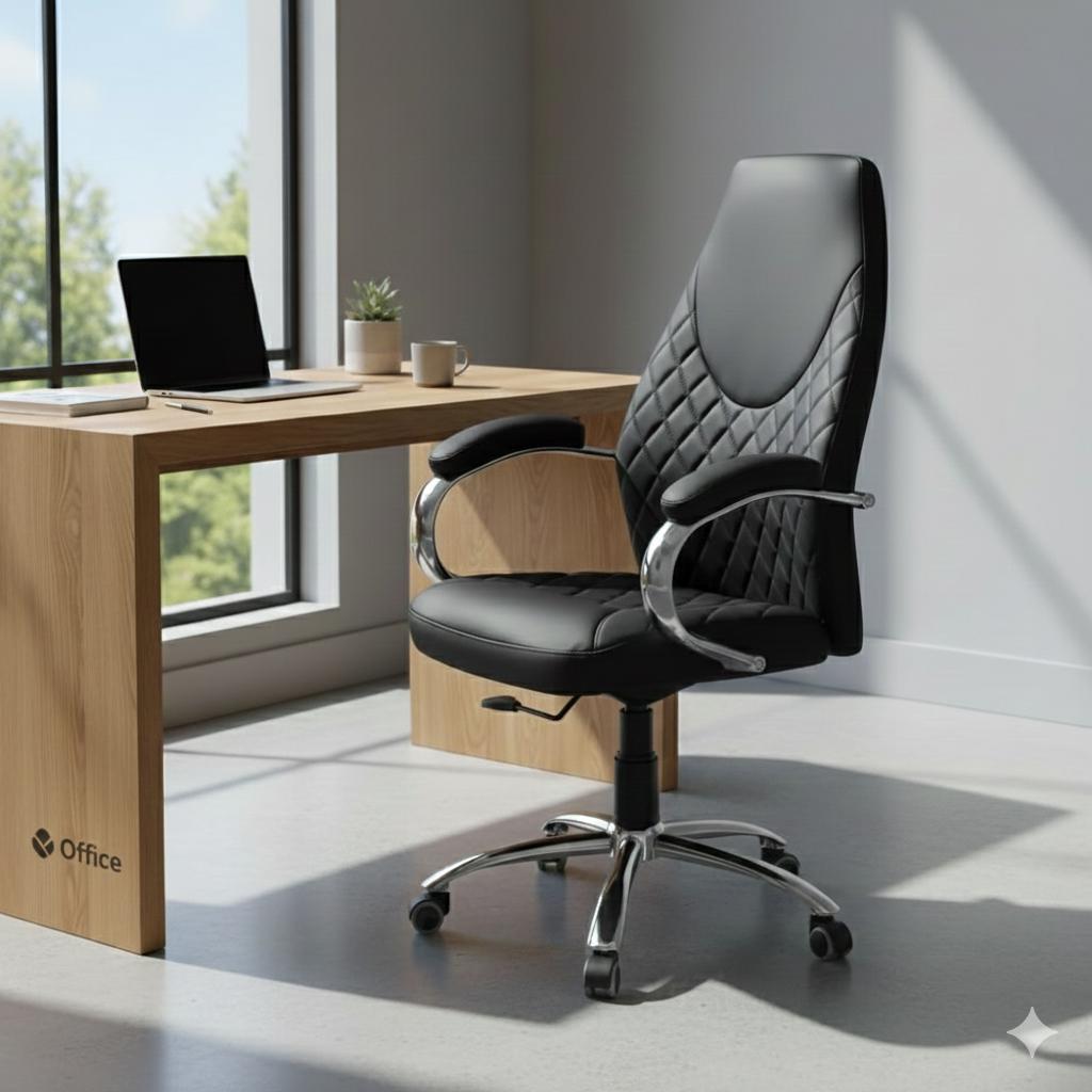 Fauteuil de Direction Ergonomique – Simili Cuir Noir – Accoudoirs Chromés