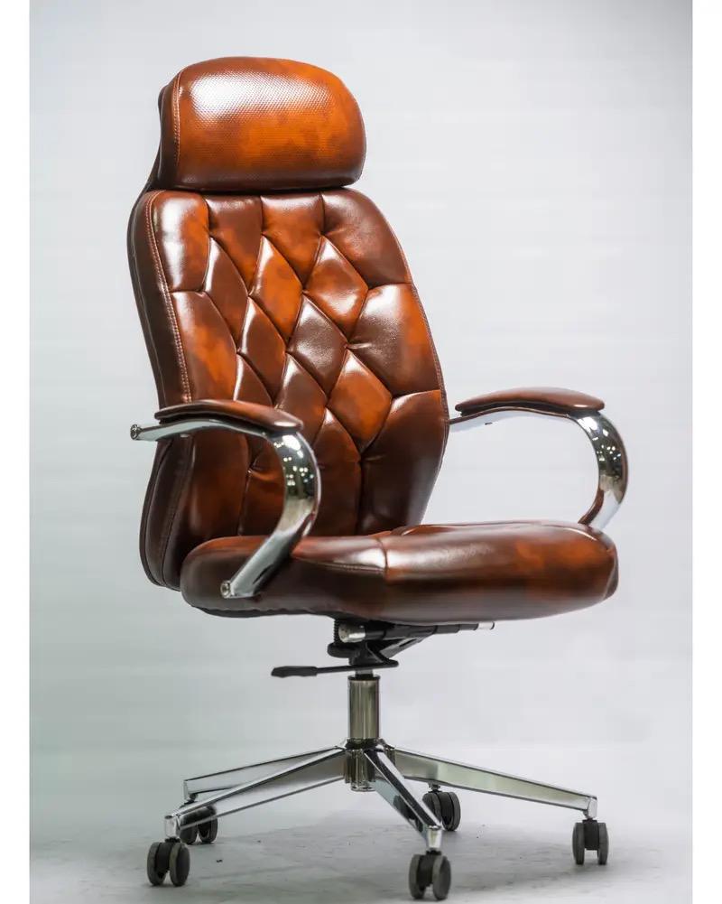 Fauteuil de Direction  – Simili Cuir Marron Vintage – Accoudoirs Chromés & Base Renforcée