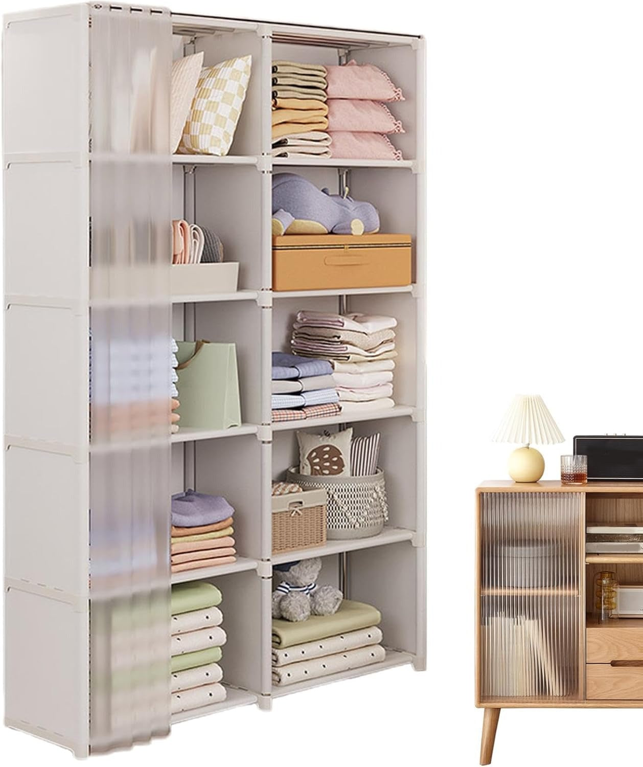 Organisateur de placard portable avec rail de suspension et étagères à plusieurs niveaux facile à assembler pour vêtements, sacs, jouets, chaussures, chambre à coucher ou salon