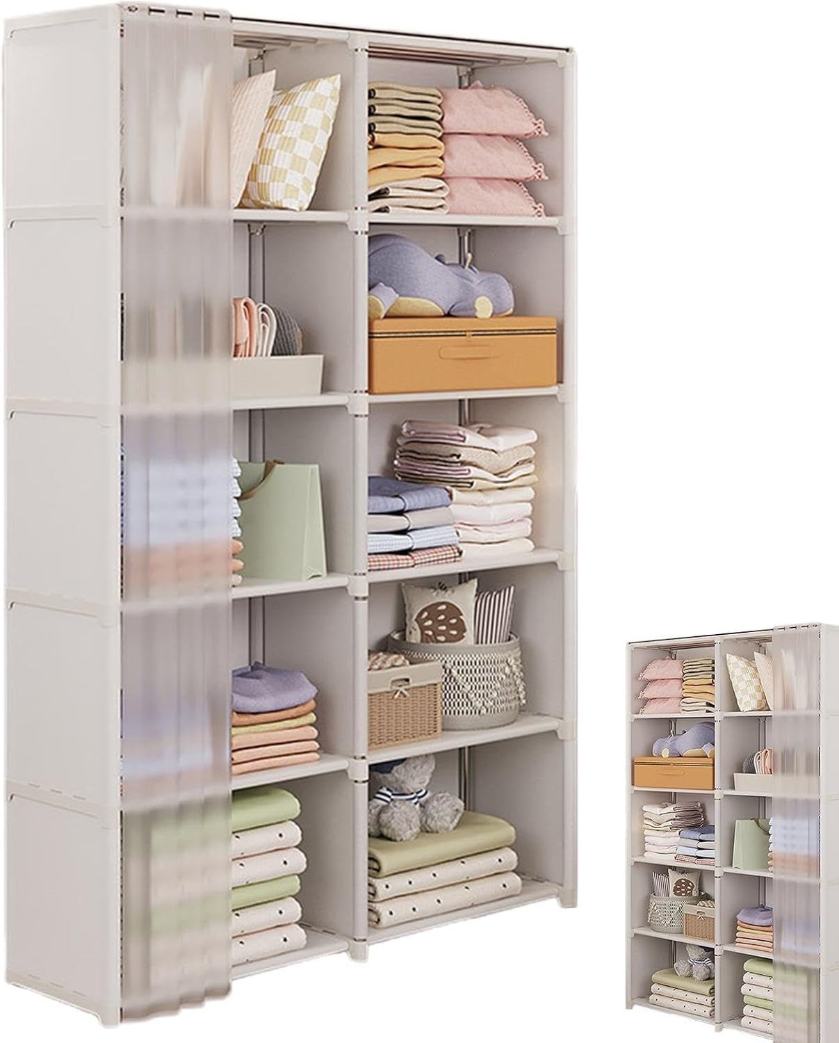 Organisateur de placard portable avec rail de suspension et étagères à plusieurs niveaux facile à assembler pour vêtements, sacs, jouets, chaussures, chambre à coucher ou salon