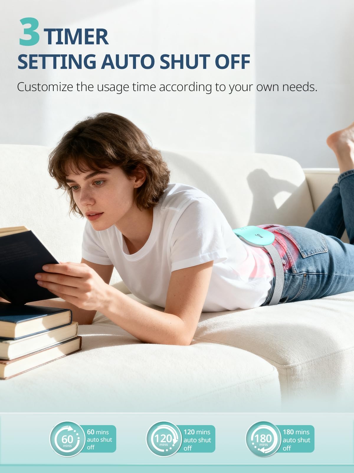 وسادة تدفئة للحيض، حزام تدليك للبطن لتخفيف آلام الدورة الشهرية، 3 مستويات حرارة، 4 أوضاع Ceinture chauffante massante pour soulagement des douleurs menstruelles.