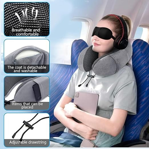 Coussin de Voyage,Oreiller de Nuque en Mousse à mémoire de Forme pour Voyage, Coussin Voyage Avion, Oreiller de Voyage avec Masque pour Les Yeux et Bouchons d'oreille