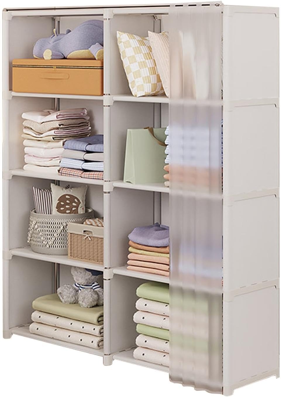 Organisateur de placard portable avec rail de suspension et étagères à plusieurs niveaux facile à assembler pour vêtements, sacs, jouets, chaussures, chambre à coucher ou salon