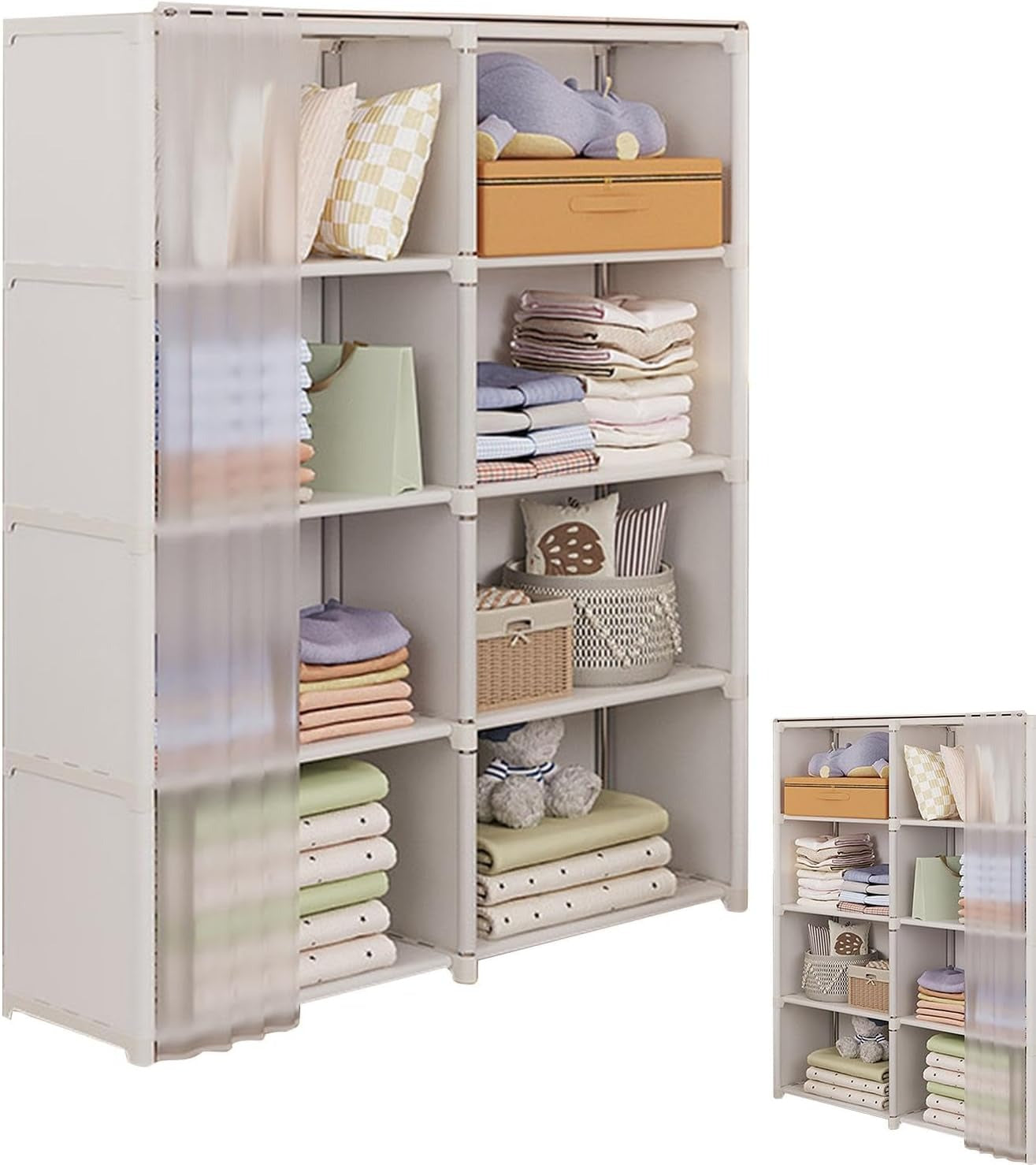 Organisateur de placard portable avec rail de suspension et étagères à plusieurs niveaux facile à assembler pour vêtements, sacs, jouets, chaussures, chambre à coucher ou salon