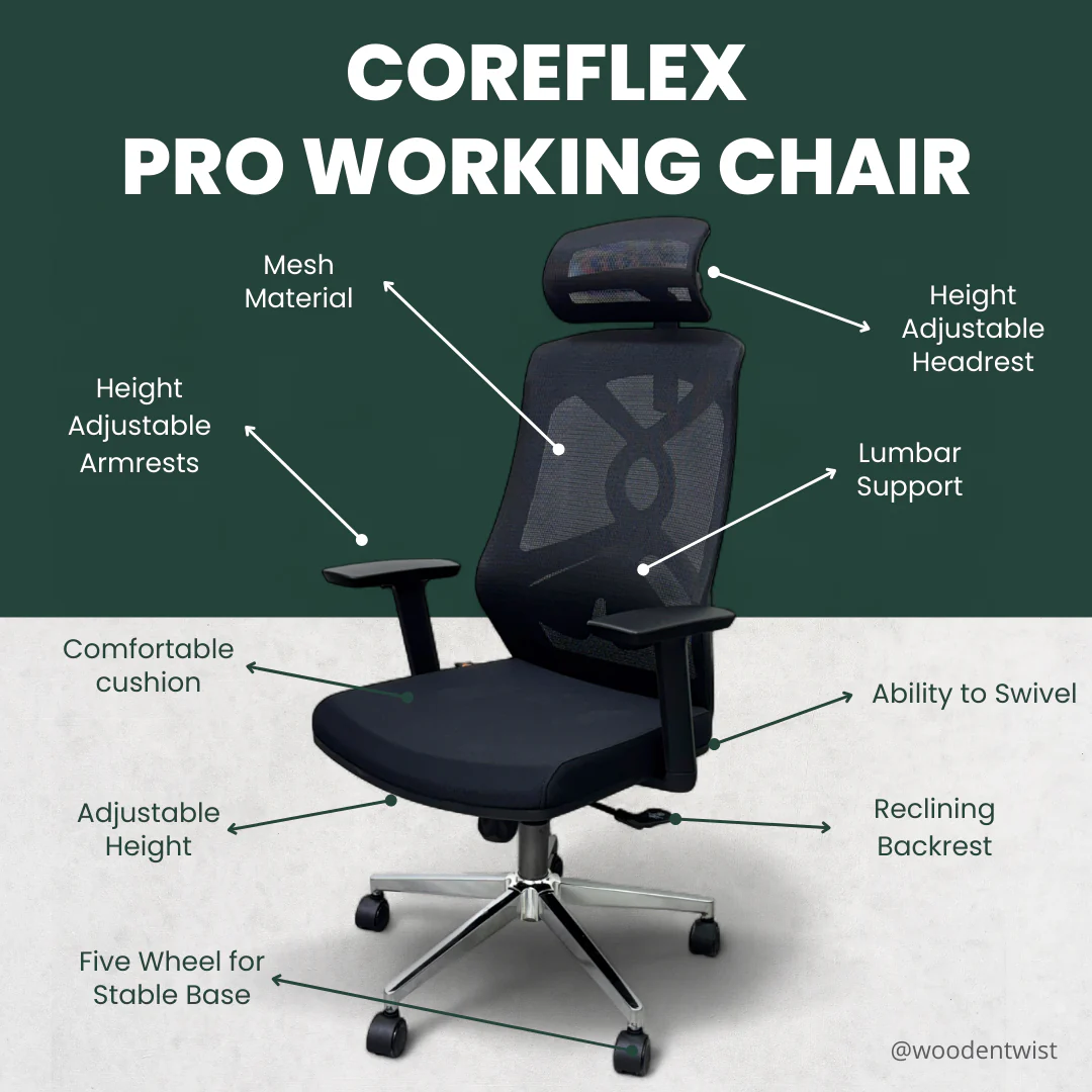 Chaise de bureau ergonomique en maille Pro avec soutien lombaire, pivotante à 360°, dossier haut inclinable